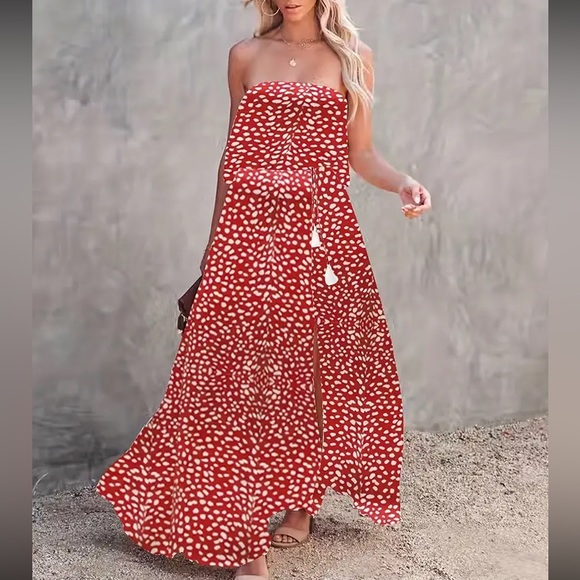 Boho dots drawstring waist tube maxi dress - Picture 2 of 16